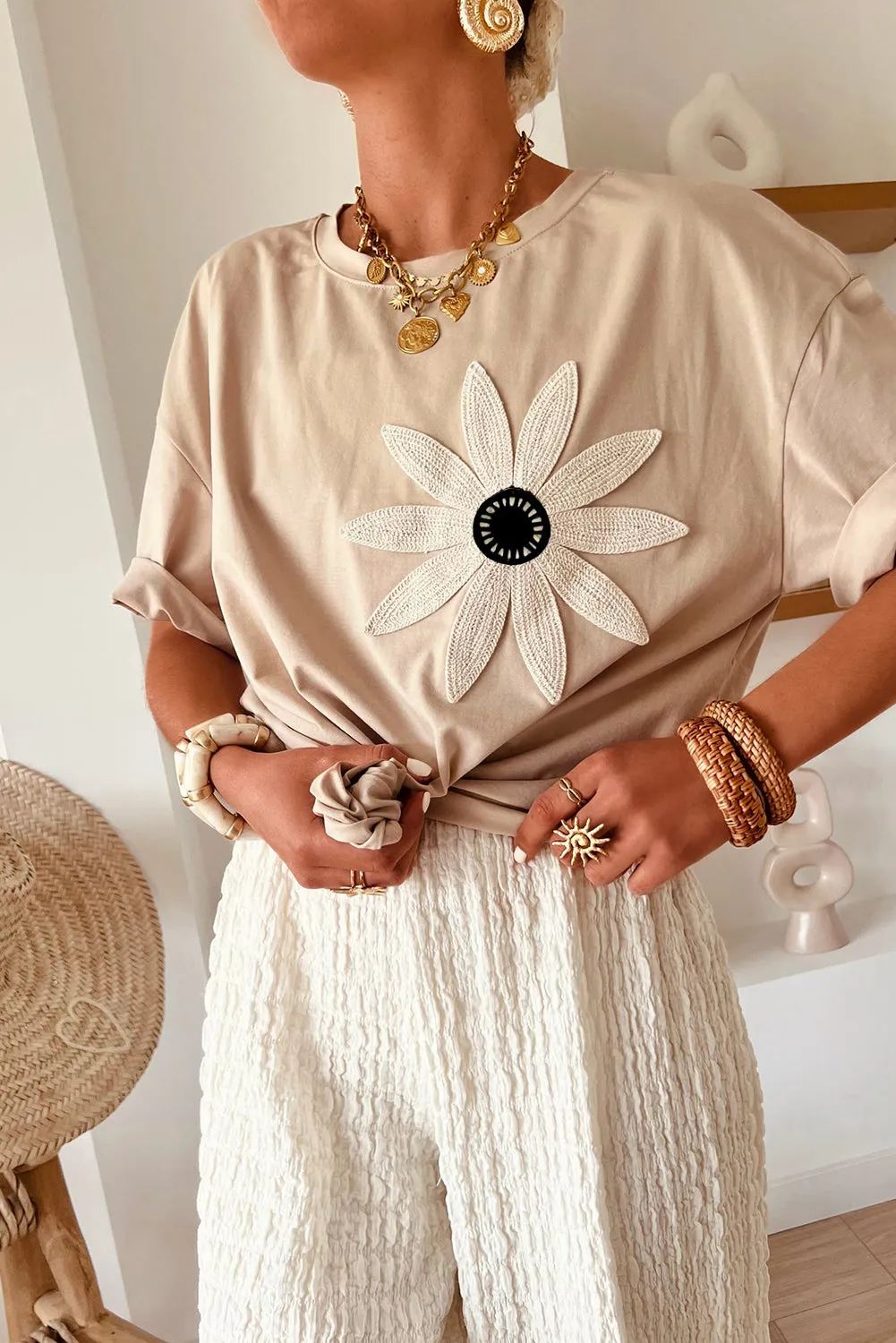 Oatmeal Contrast Crochet Floral Graphic Drop Shoulder Loose Tee sold by Beagle Boutique