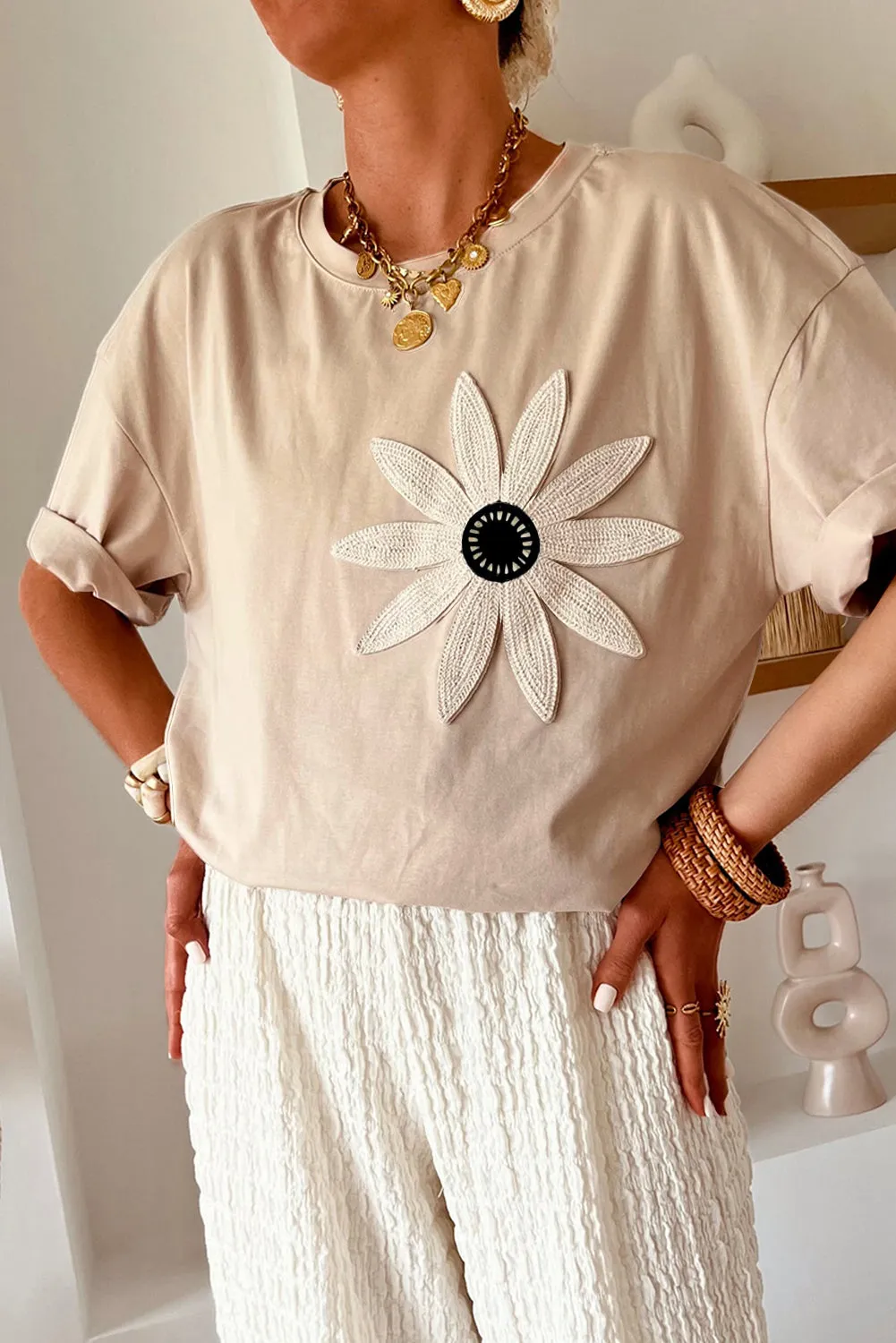Oatmeal Contrast Crochet Floral Graphic Drop Shoulder Loose Tee sold by Beagle Boutique product image thumbnail 2