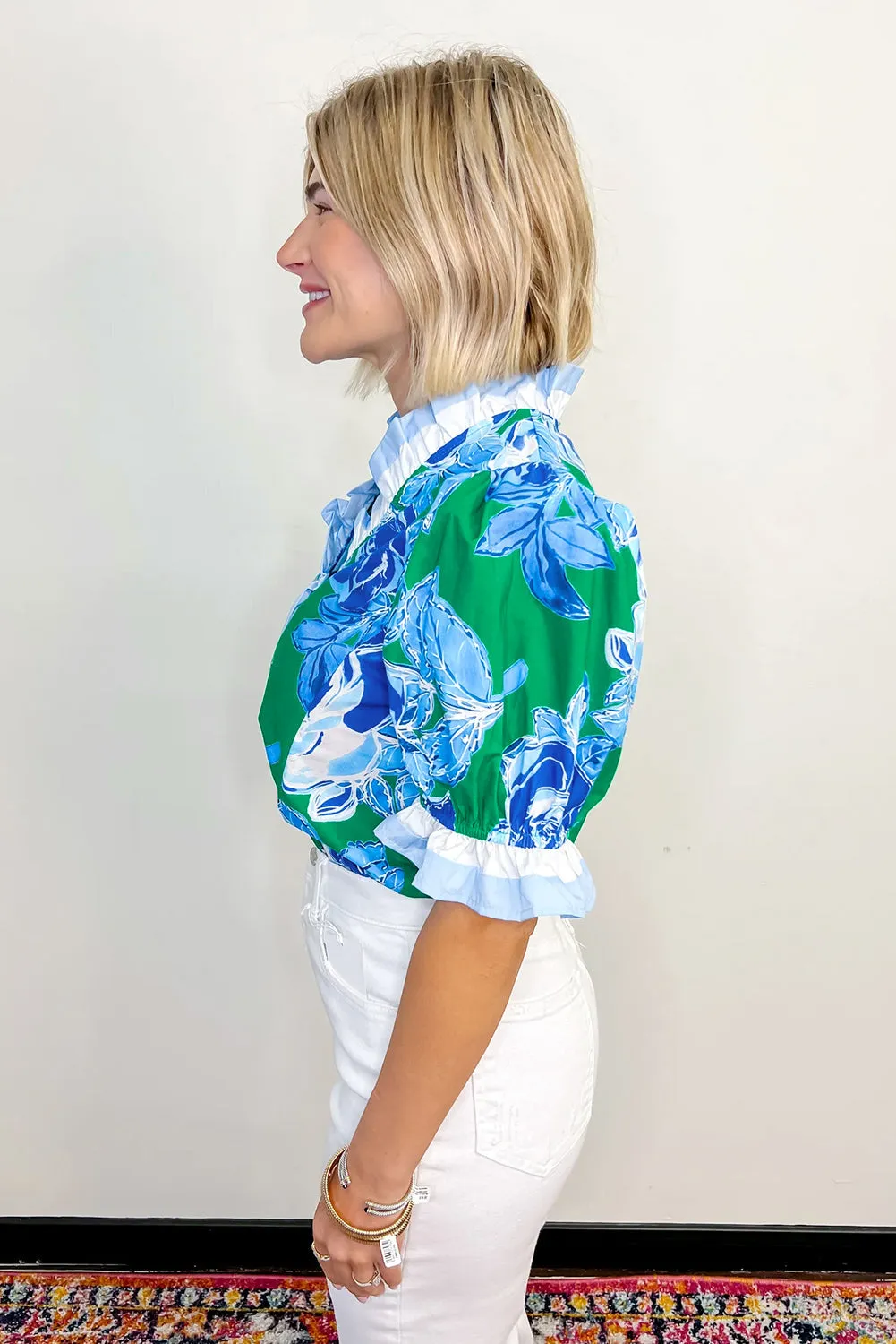 Bright Green Floral Frilled V Neck Short Sleeve Blouse Top sold by Beagle Boutique product image thumbnail 3