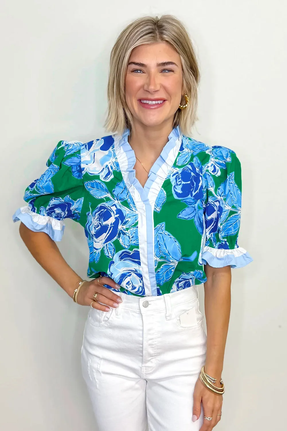 Bright Green Floral Frilled V Neck Short Sleeve Blouse Top sold by Beagle Boutique product image thumbnail 4