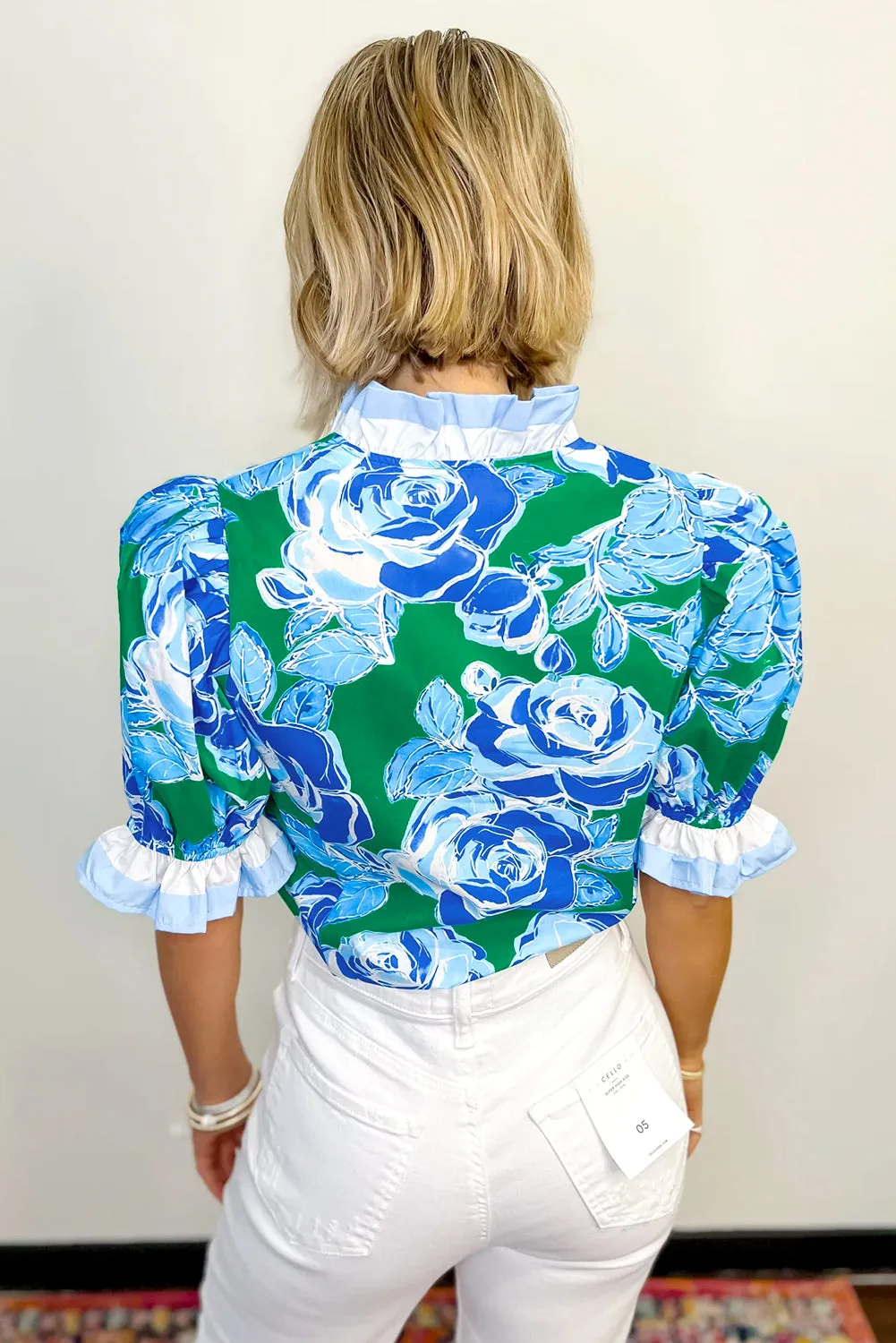 Bright Green Floral Frilled V Neck Short Sleeve Blouse Top sold by Beagle Boutique product image thumbnail 2