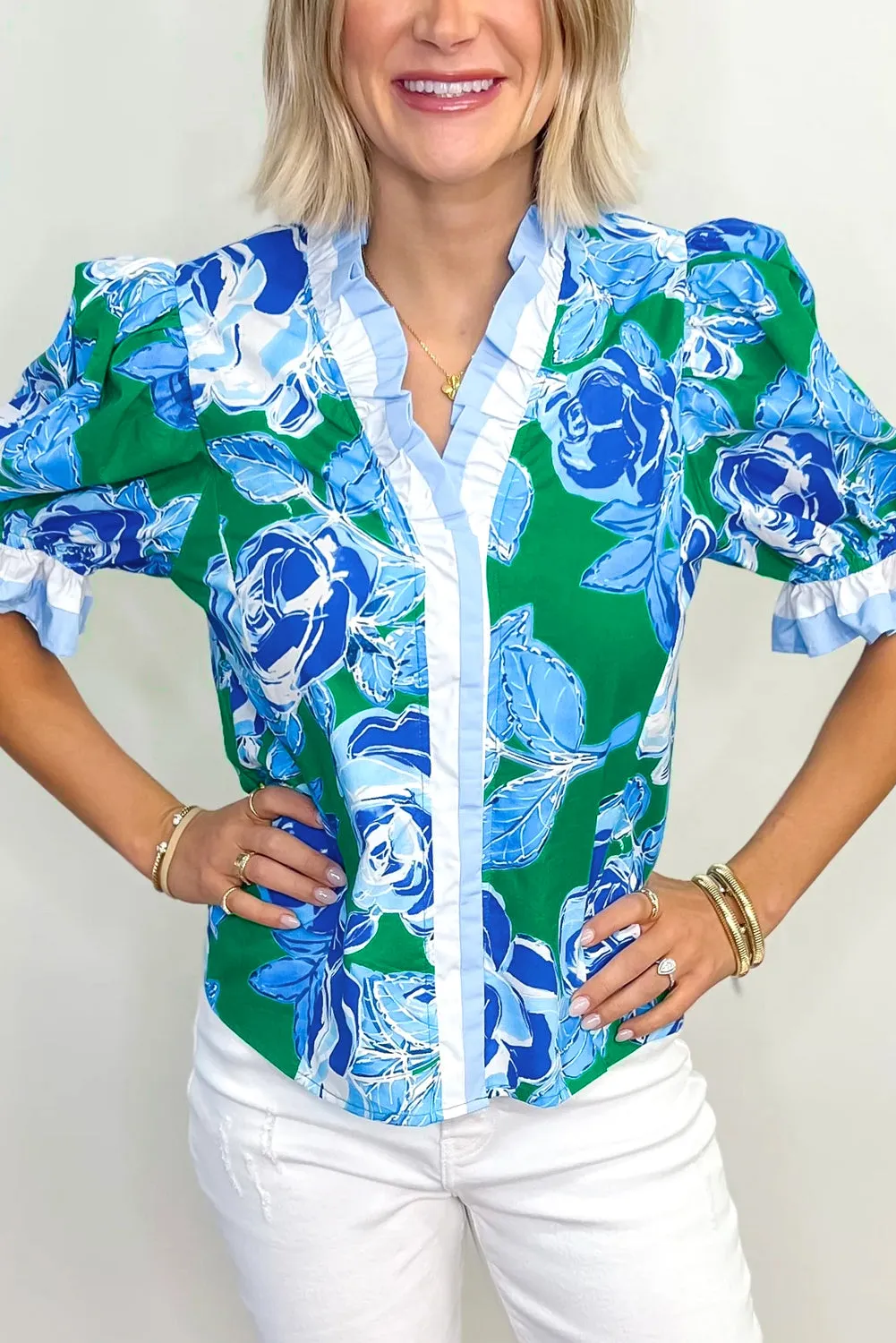 Bright Green Floral Frilled V Neck Short Sleeve Blouse Top sold by Beagle Boutique product image thumbnail 5
