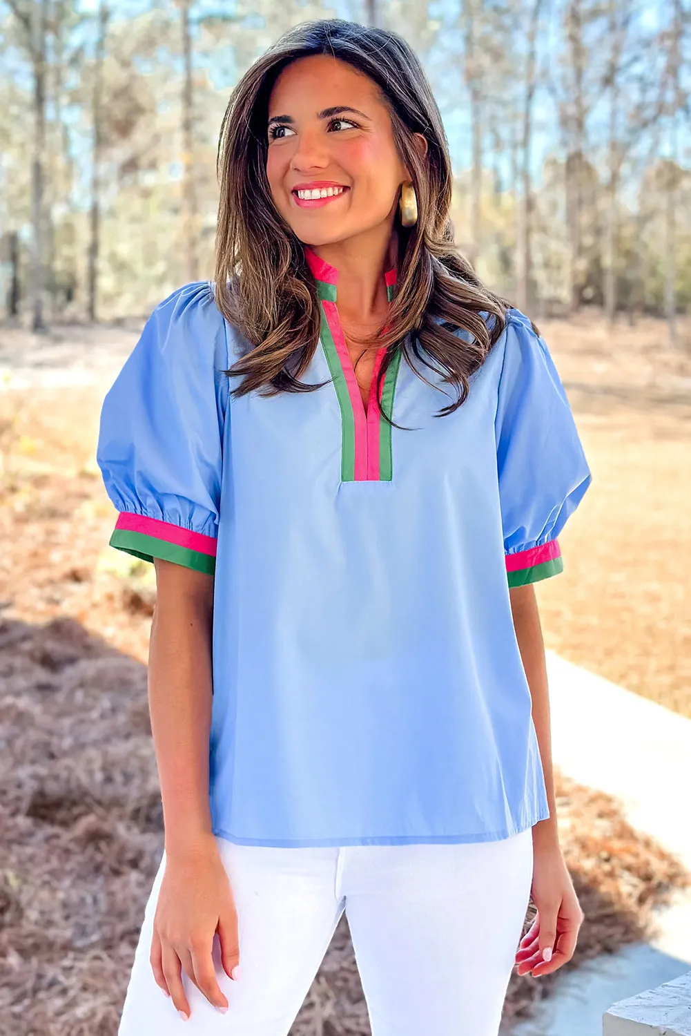 Contrast Striped V Neck Collision Short Puff Sleeve Blouse sold by Beagle Boutique product image thumbnail 4