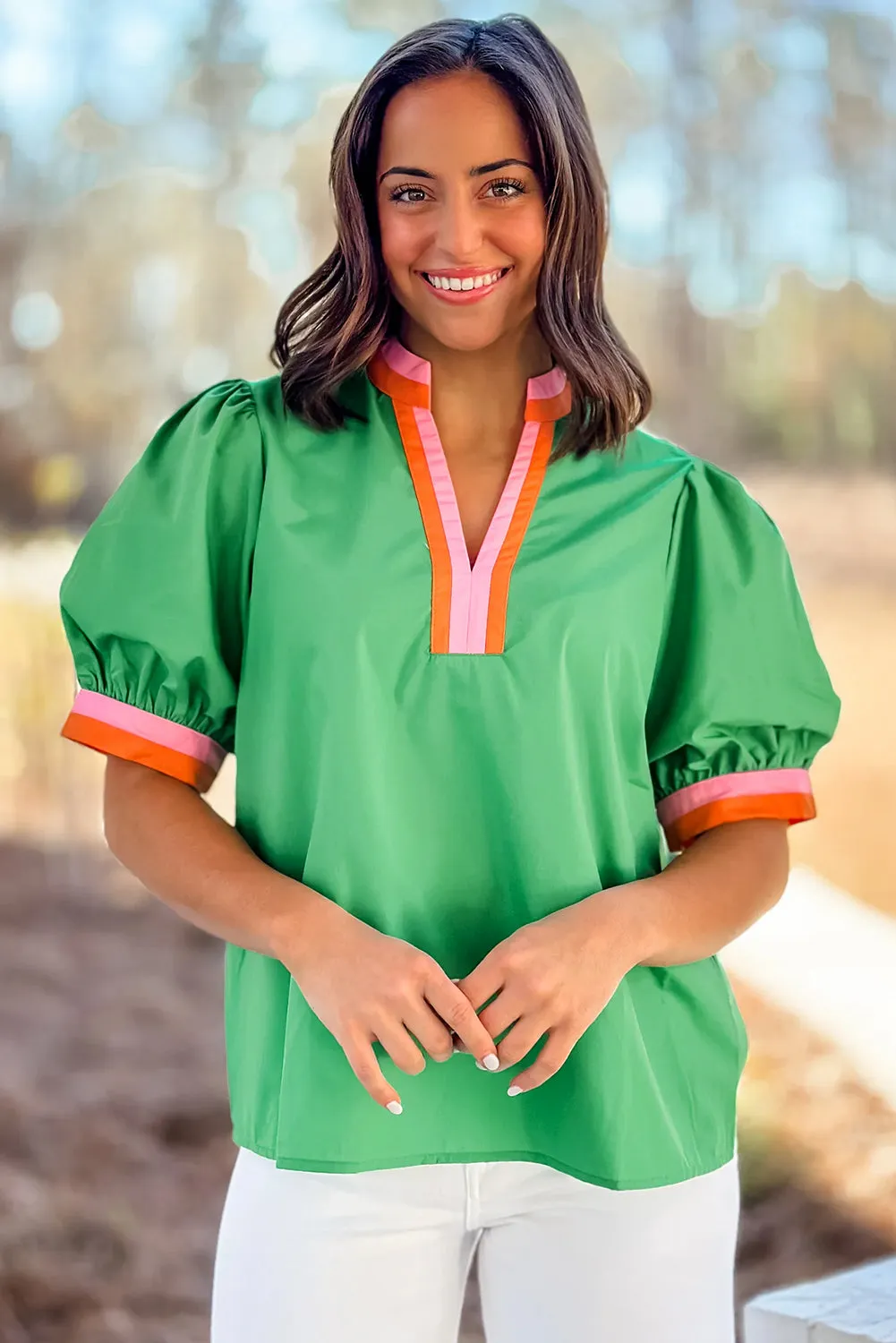 Contrast Striped V Neck Collision Short Puff Sleeve Blouse sold by Beagle Boutique product image thumbnail 2