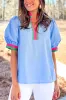 Contrast Striped V Neck Collision Short Puff Sleeve Blouse sold by Beagle Boutique