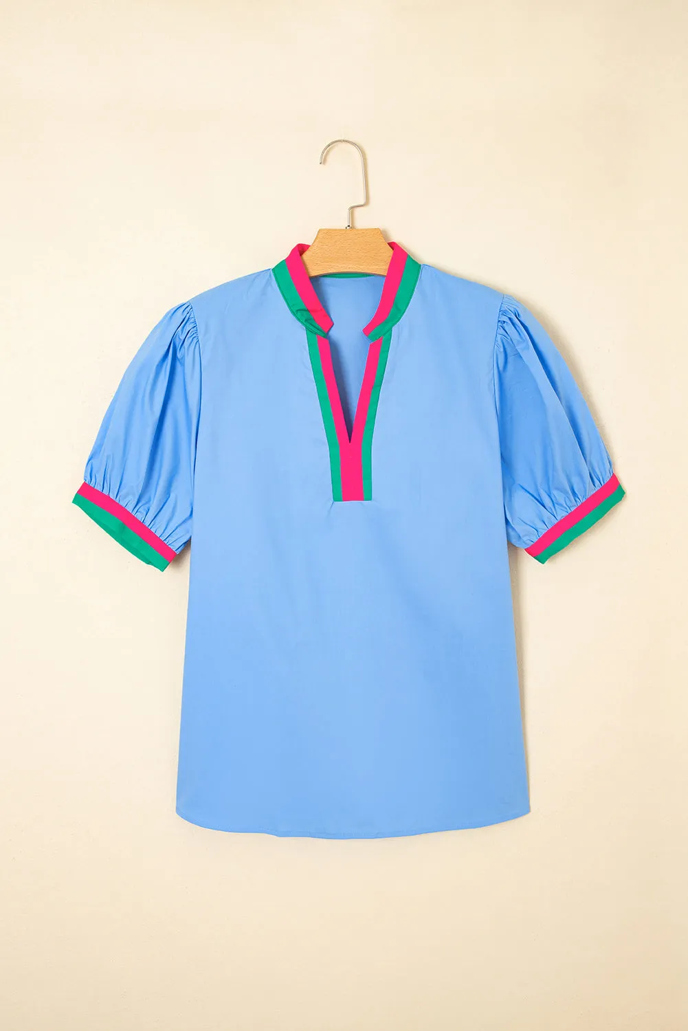 Contrast Striped V Neck Collision Short Puff Sleeve Blouse sold by Beagle Boutique product image thumbnail 5