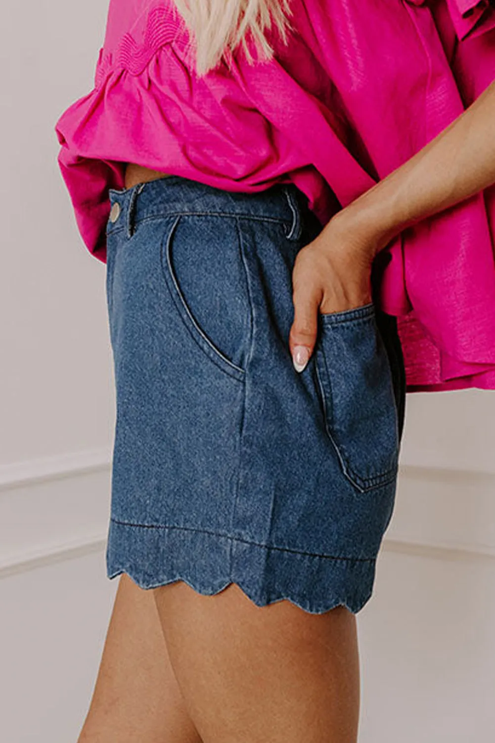 Scalloped Hemline Acid Wash High Waist Denim Shorts sold by Beagle Boutique product image thumbnail 3
