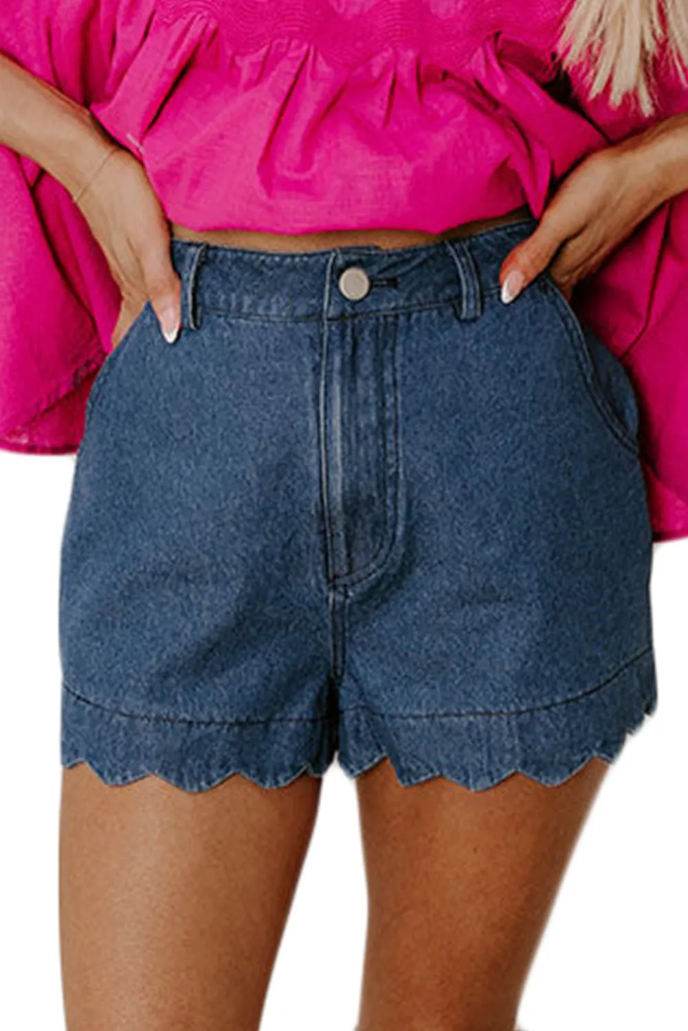 Scalloped Hemline Acid Wash High Waist Denim Shorts sold by Beagle Boutique product image thumbnail 5