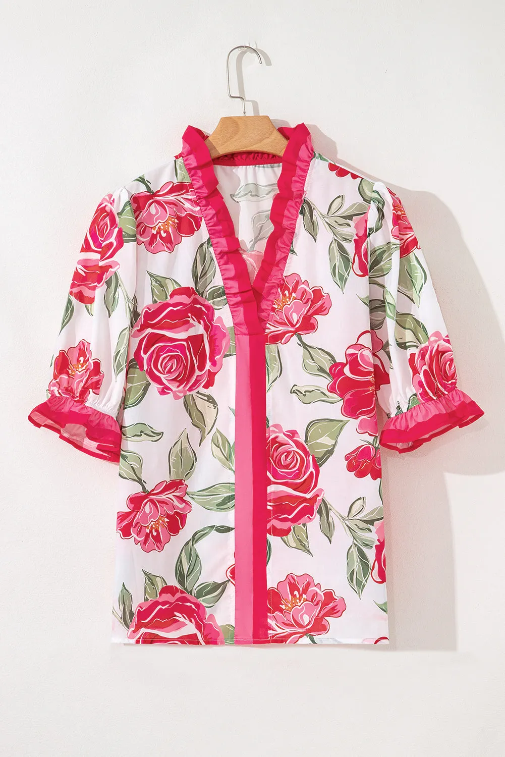 Rose Plus Size Floral Print Frilled Stripes Detail Short Sleeve Blouse sold by Beagle Boutique product image thumbnail 2