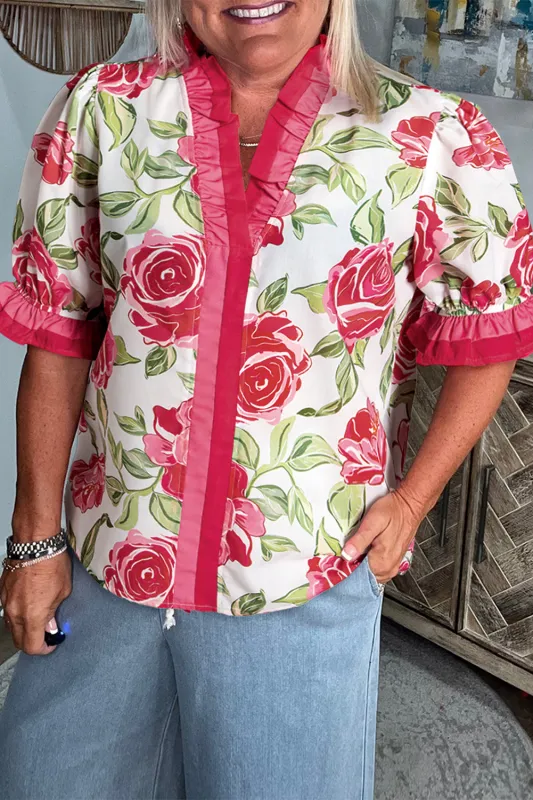 Rose Plus Size Floral Print Frilled Stripes Detail Short Sleeve Blouse sold by Beagle Boutique