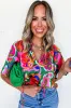 Rose Summer Plant Print Lace up V-Neck Short Sleeve Blouse sold by Beagle Boutique