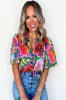 Rose Summer Plant Print Lace up V-Neck Short Sleeve Blouse sold by Beagle Boutique