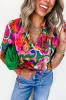 Rose Summer Plant Print Lace up V-Neck Short Sleeve Blouse sold by Beagle Boutique