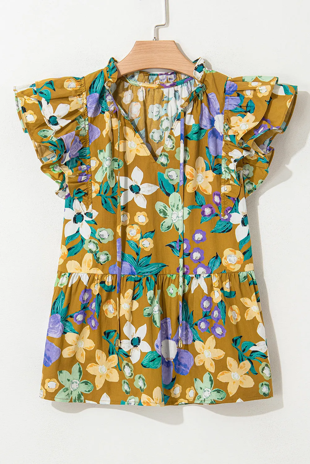 Floral Print Tiered Flutter Sleeve V Neck Top sold by Beagle Boutique product image thumbnail 5