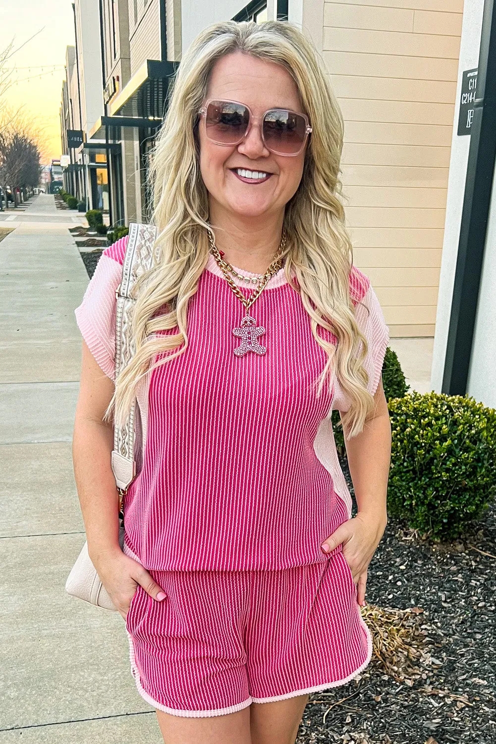 Rose Red Rib Texture Short and Top Co-ord Set sold by Beagle Boutique product image thumbnail 2