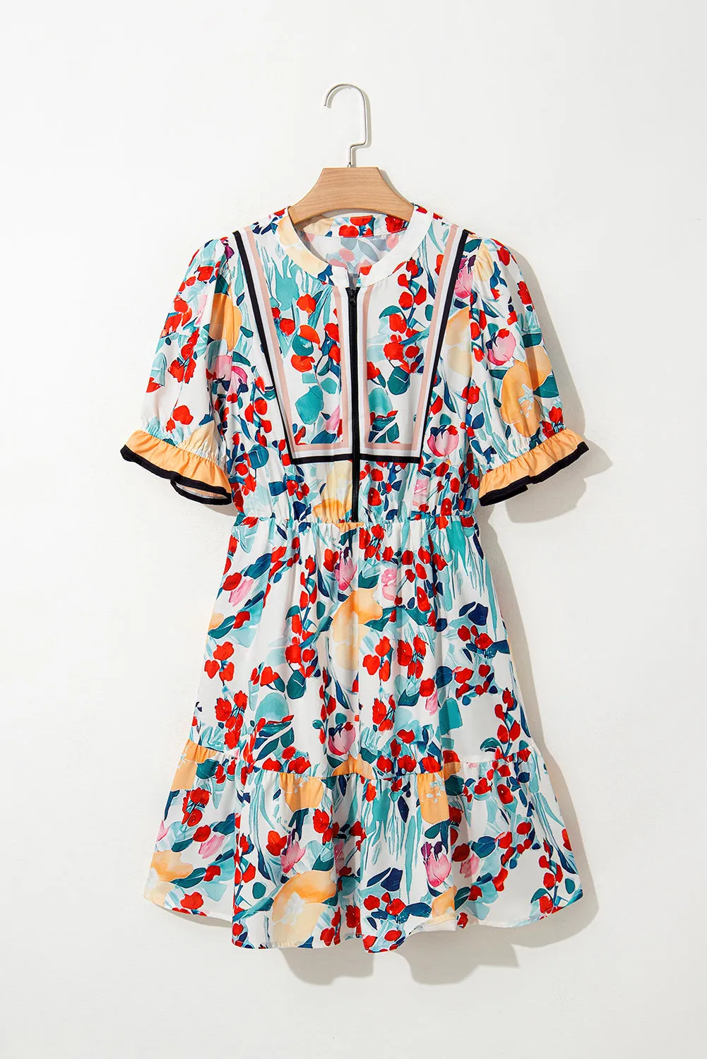 Green Floral Print Zipper Ruffled Short Sleeve Mini Dress sold by Beagle Boutique product image thumbnail 4