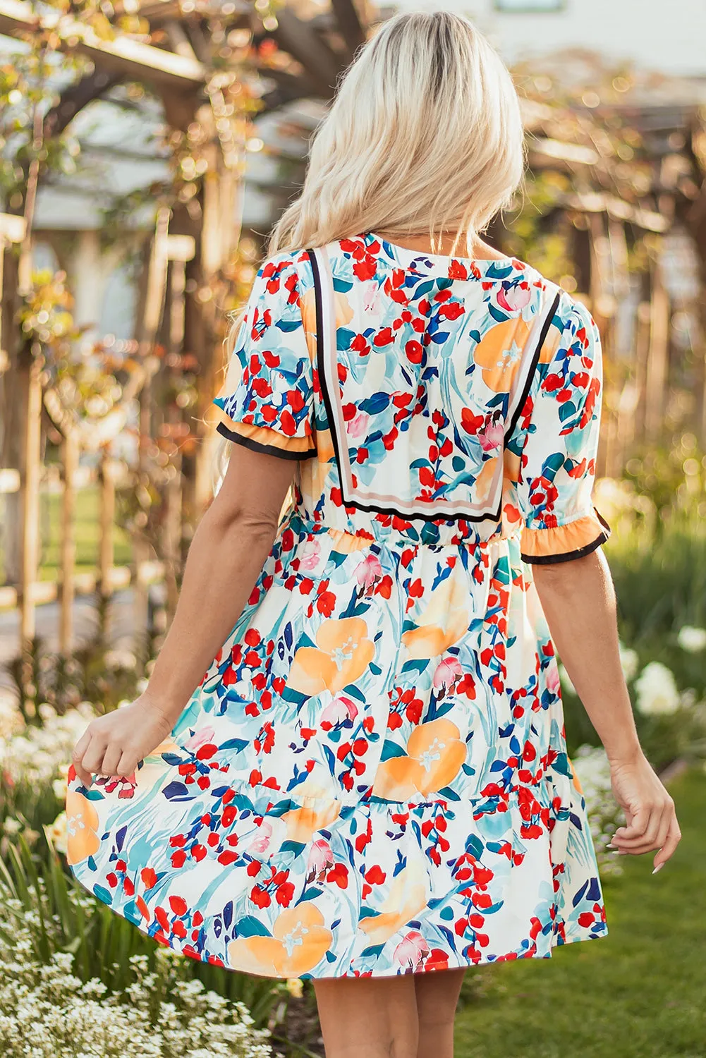 Green Floral Print Zipper Ruffled Short Sleeve Mini Dress sold by Beagle Boutique product image thumbnail 2