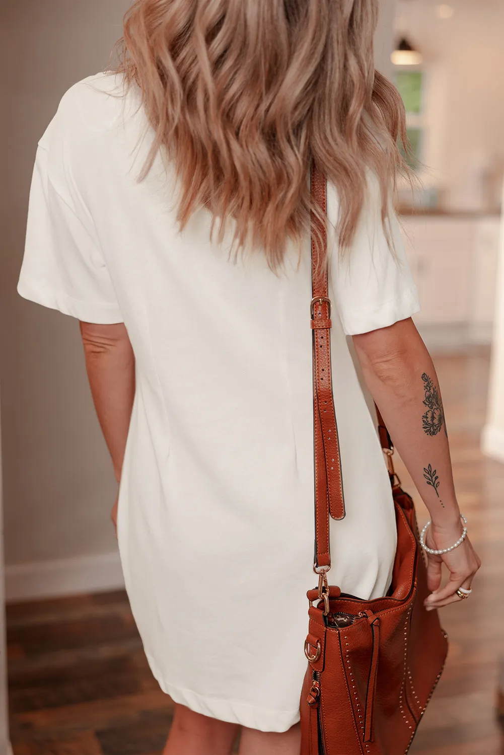 White Drop Shoulder Crew Neck Shift T Shirt Dress sold by Beagle Boutique product image thumbnail 2