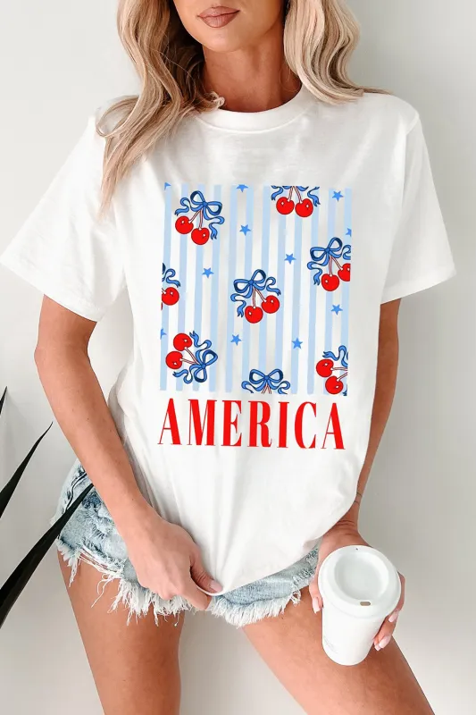 White Bow Cherry AMERICA Graphic Crewneck T Shirt sold by Beagle Boutique