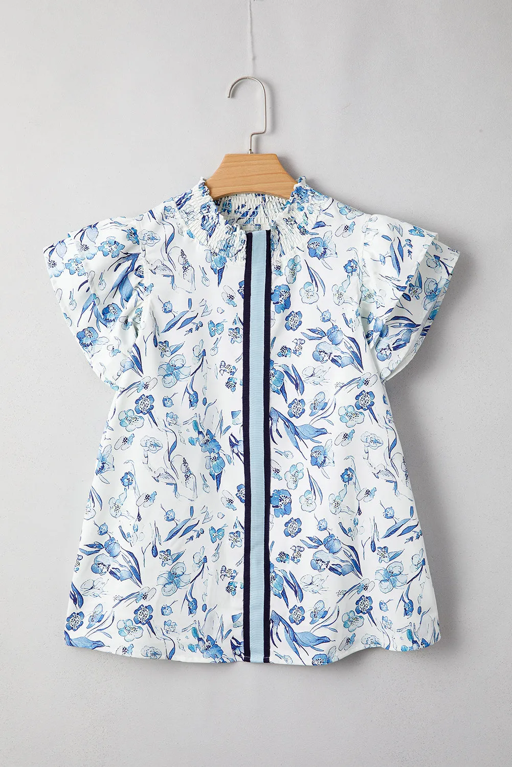 Sky Blue Floral Print Ruffled Short Sleeve Blouse sold by Beagle Boutique product image thumbnail 4