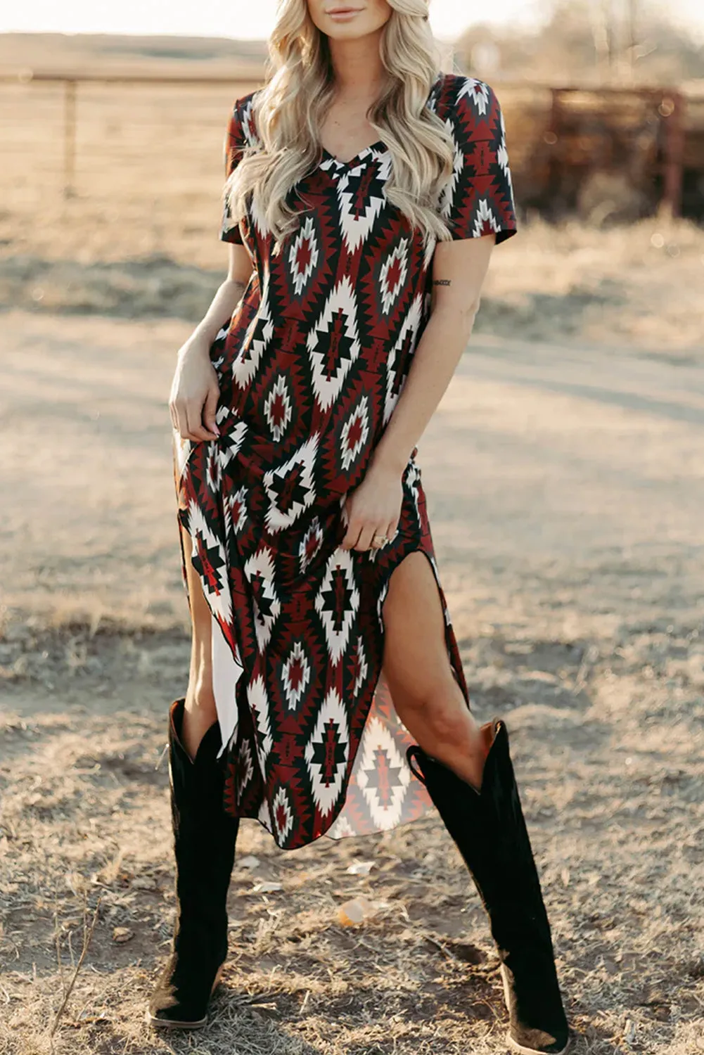 Red Western Aztec Printed Long T-shirt Dress sold by Beagle Boutique product image thumbnail 4