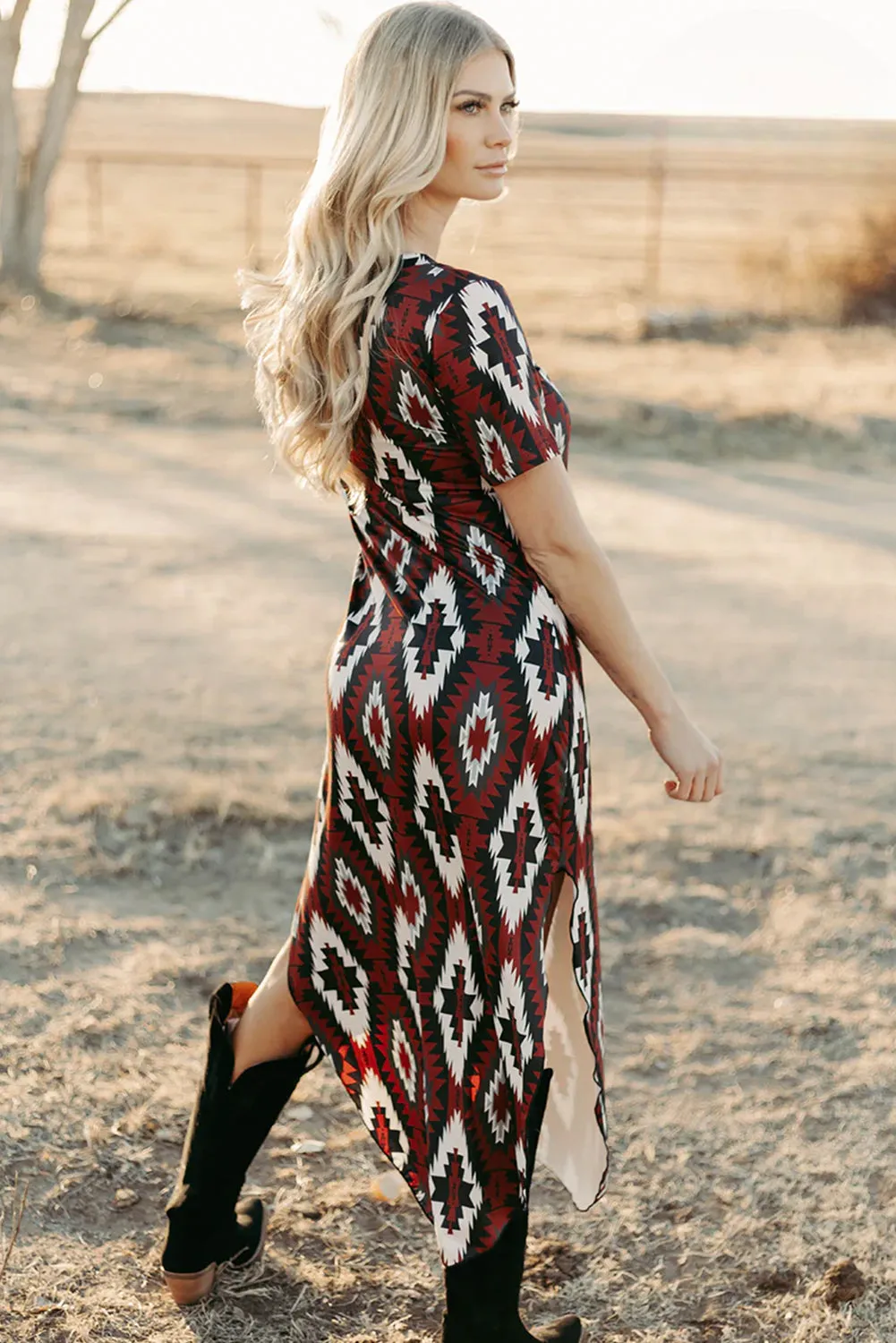 Red Western Aztec Printed Long T-shirt Dress sold by Beagle Boutique product image thumbnail 5