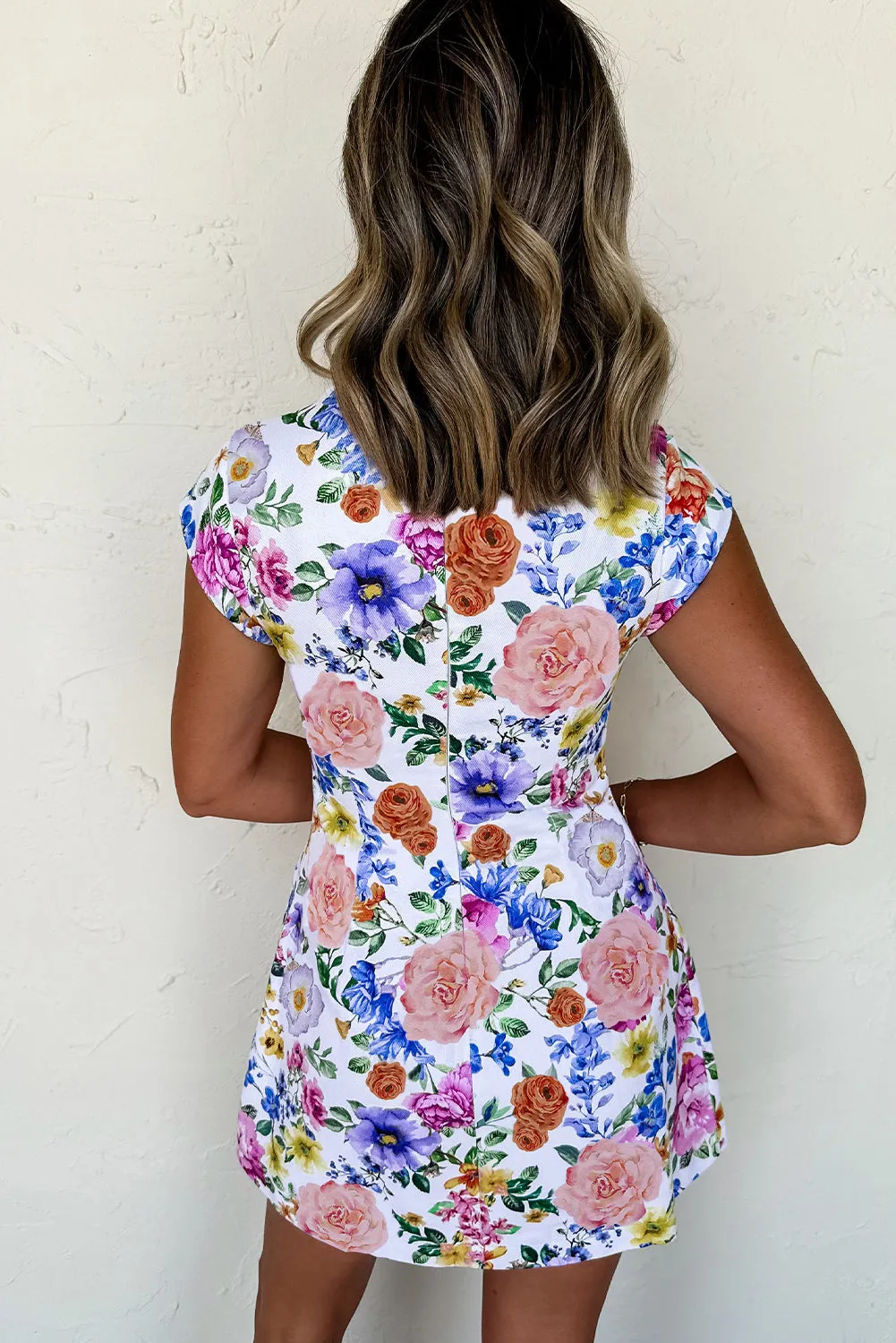 Sky Blue Vibrant Floral Print Cap Sleeve Mini Dress sold by Beagle Boutique product image thumbnail 2