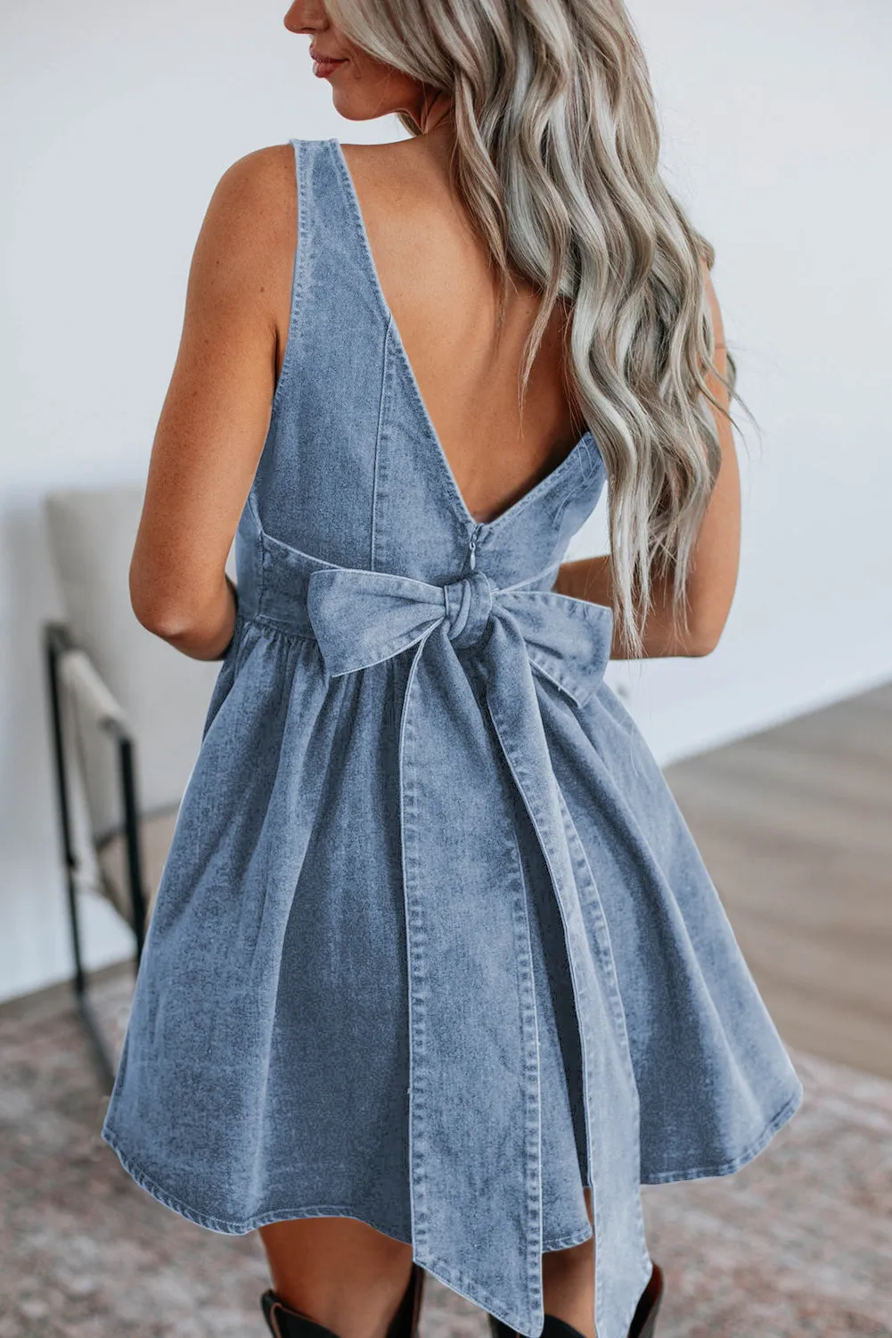 Square Neck Bowknot A-line Sleeveless Denim Dress sold by Beagle Boutique