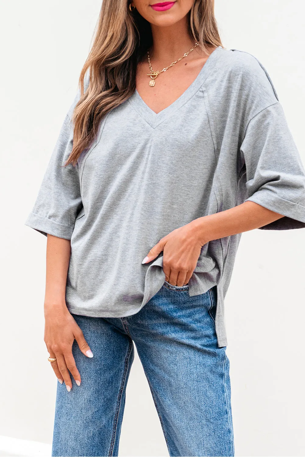 High Raglan Half Sleeve V Neck Oversized T Shirt sold by Beagle Boutique