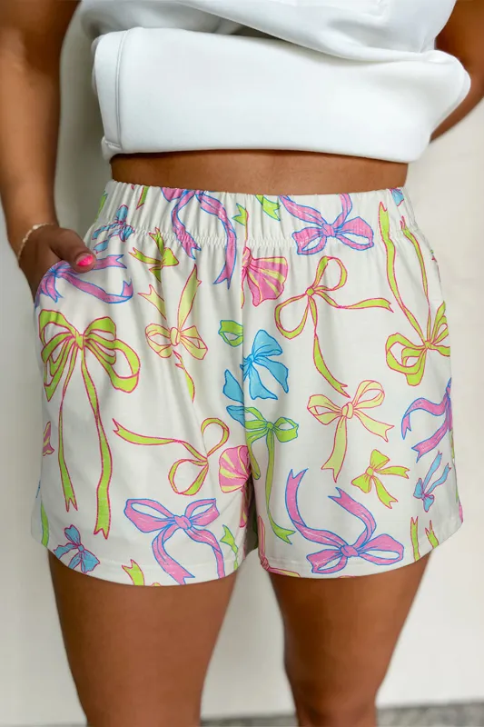 White Bow Print Elastic Pull On Casual Shorts sold by Beagle Boutique