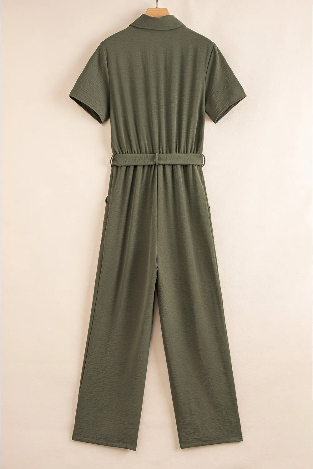 Moss Green Half Button Belted Utility Short Sleeve Jumpsuit sold by Beagle Boutique product image thumbnail 5