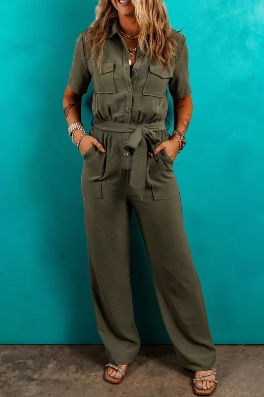 Moss Green Half Button Belted Utility Short Sleeve Jumpsuit sold by Beagle Boutique