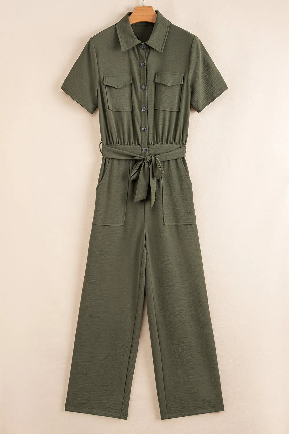 Moss Green Half Button Belted Utility Short Sleeve Jumpsuit sold by Beagle Boutique product image thumbnail 4
