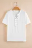 White Textured Hollow Grommet Placket Split Neck Short Sleeve Top sold by Beagle Boutique