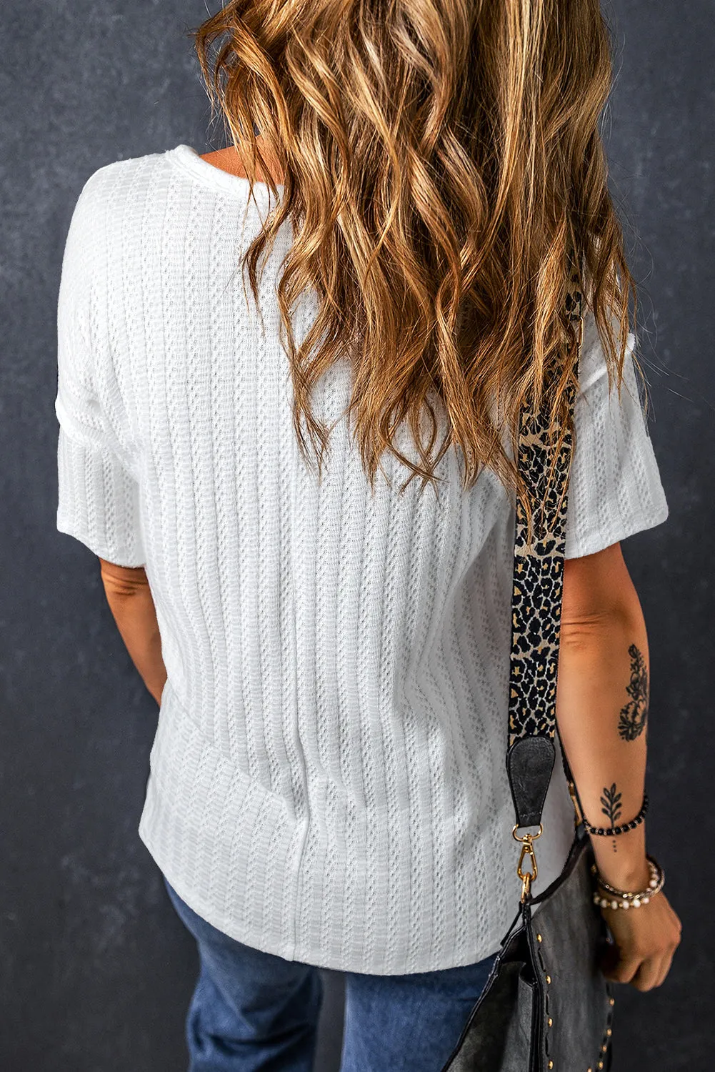 White Textured Hollow Grommet Placket Split Neck Short Sleeve Top sold by Beagle Boutique product image thumbnail 2