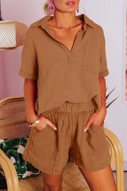 Chestnut Crinkle Textured Polo Shirt and High Waist Shorts Set made by Beagle Boutique