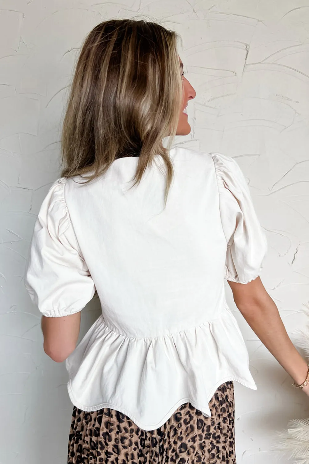 White Bow Knot Decor Square Neck Puff Sleeve Peplum Top sold by Beagle Boutique product image thumbnail 5