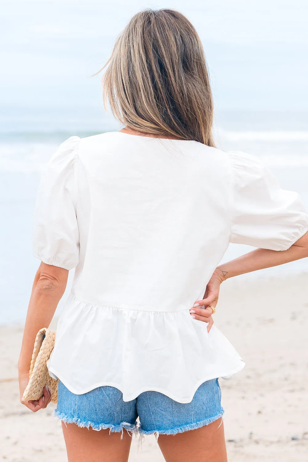 White Bow Knot Decor Square Neck Puff Sleeve Peplum Top sold by Beagle Boutique product image thumbnail 2