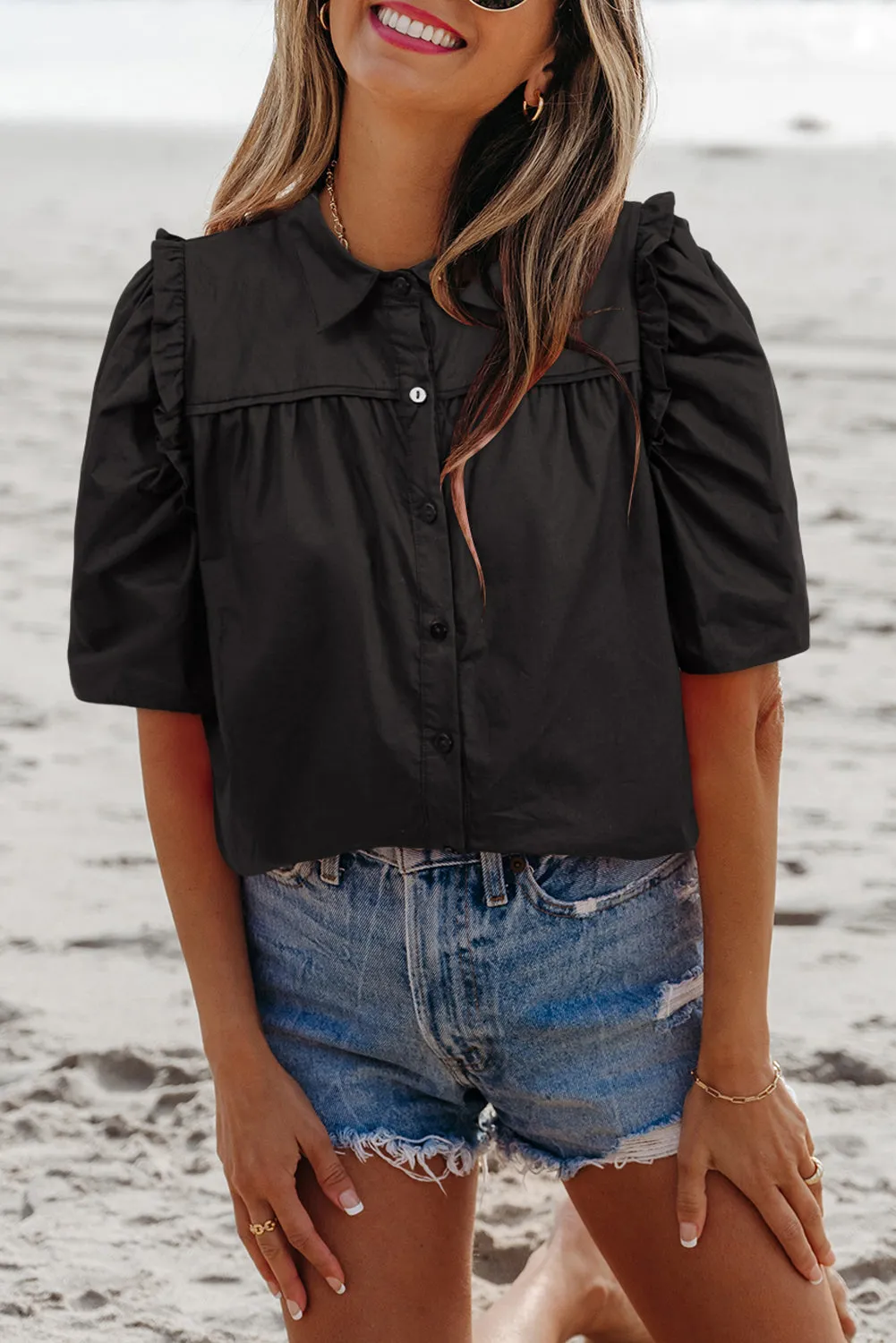 Black Ruffled Puff Sleeve Stylish Collared Shirt sold by Beagle Boutique