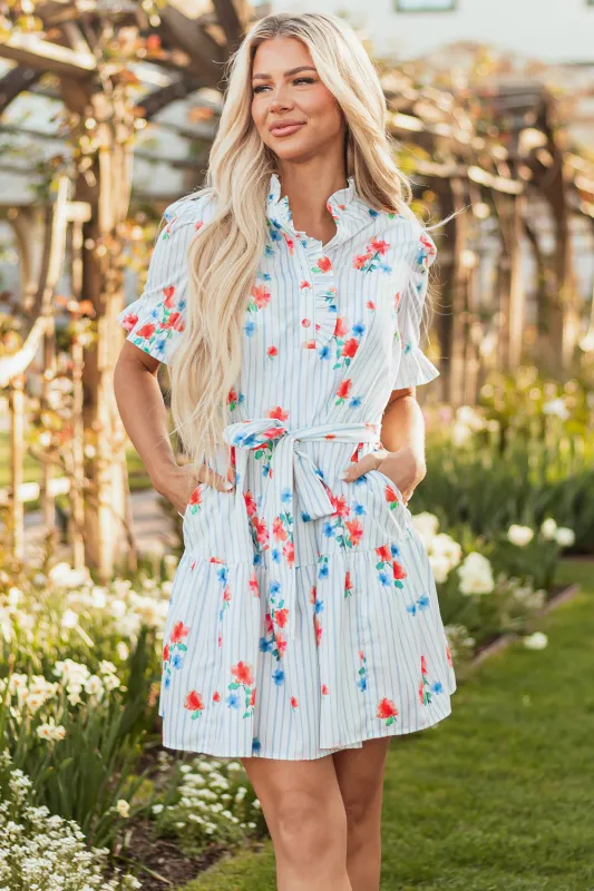 Sky Blue Stripe Floral Pattern Ruffle Short Sleeve Belted Mini Dress sold by Beagle Boutique
