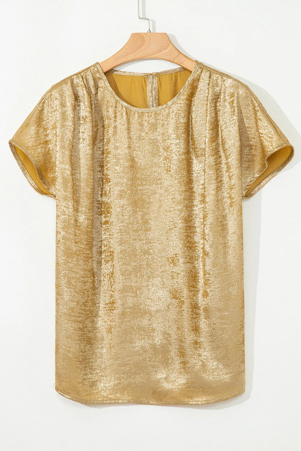 Gold Glossy Round Neck Pleated Detail Short Sleeve Blouse sold by Beagle Boutique product image thumbnail 4