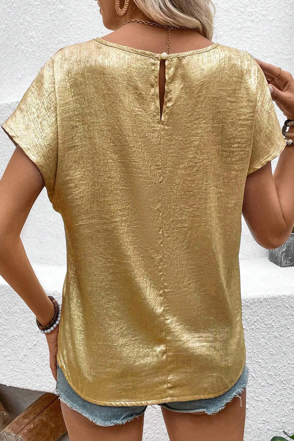 Gold Glossy Round Neck Pleated Detail Short Sleeve Blouse sold by Beagle Boutique product image thumbnail 2