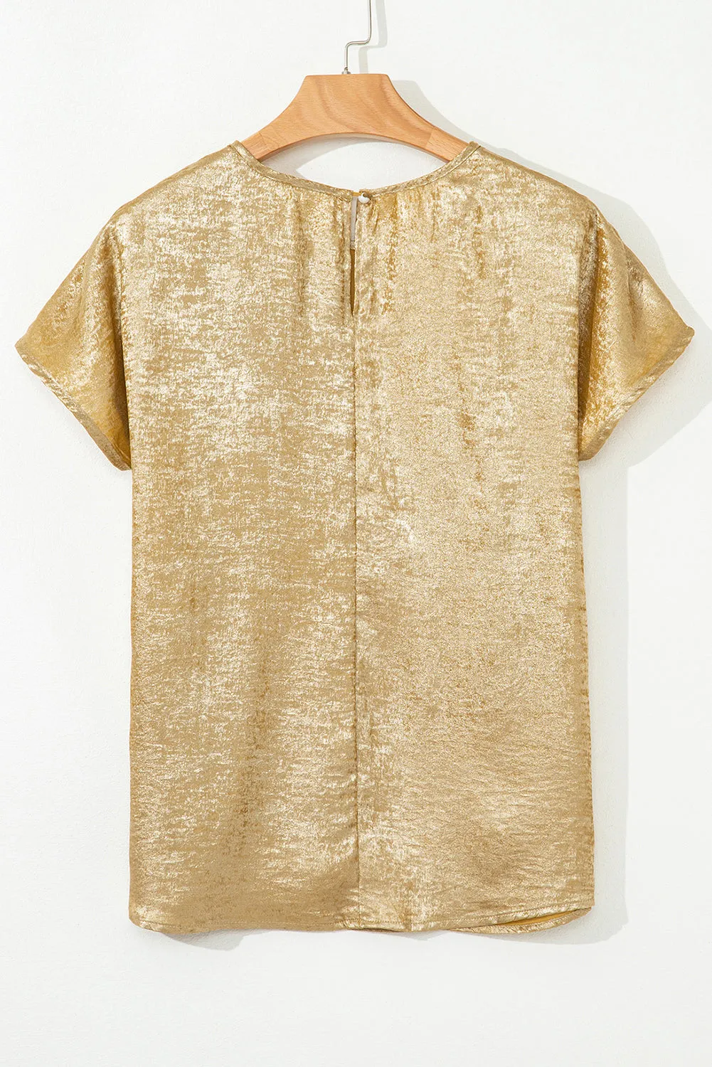 Gold Glossy Round Neck Pleated Detail Short Sleeve Blouse sold by Beagle Boutique product image thumbnail 5