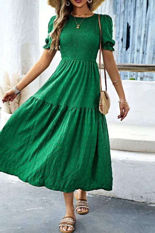 Dark Green Puff Short Sleeve Textured Tiered Maxi Dress sold by Beagle Boutique