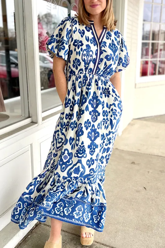 Blue Floral Puff Short Sleeve V Neck High Waist Maxi Dress sold by Beagle Boutique