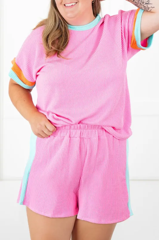 Plus Size Colour Block Ribbed Material Tee and Shorts Co-ord Set sold by Beagle Boutique