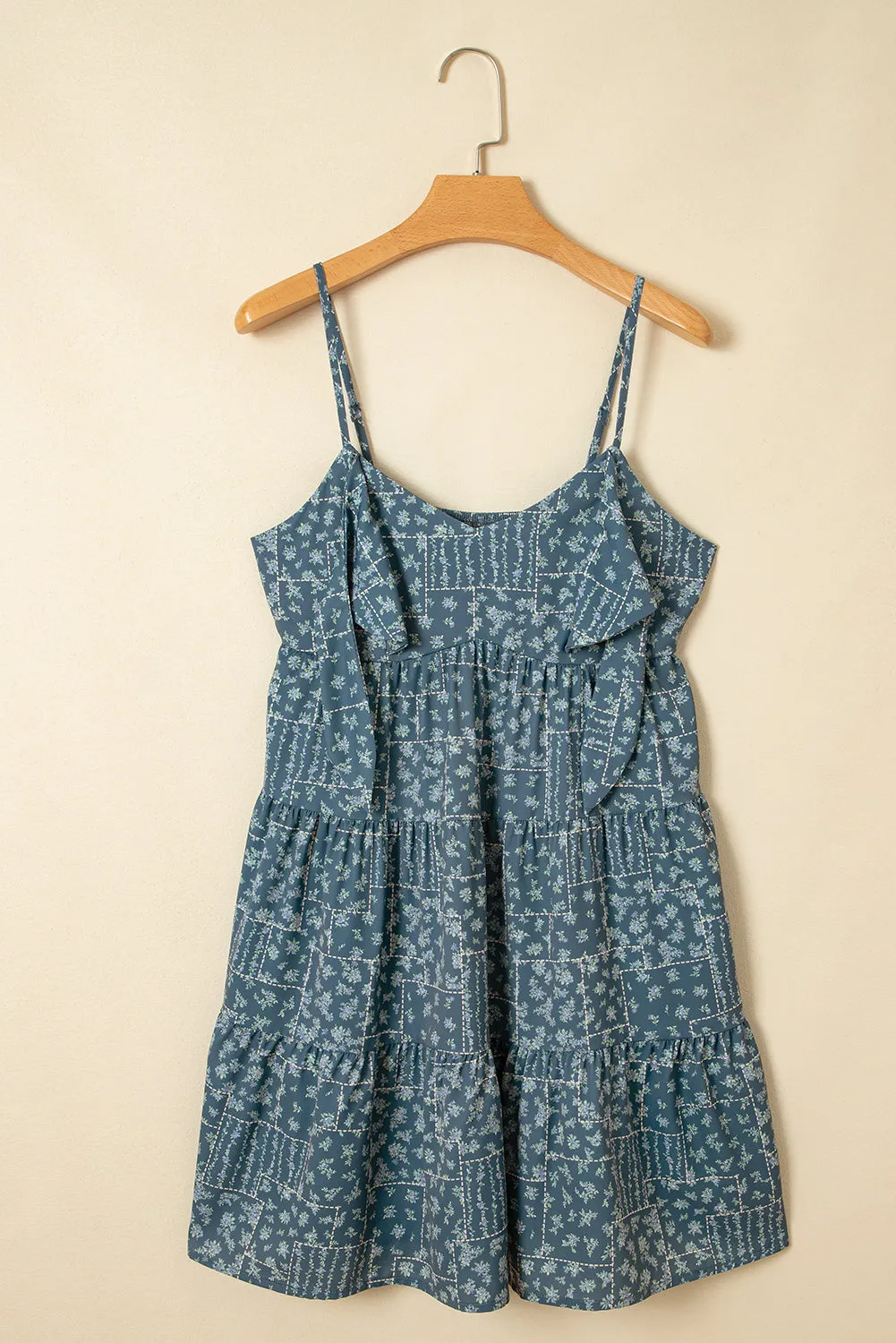Blue Spaghetti Straps Floral Print Knot Detail High Waist Flared Dress sold by Beagle Boutique product image thumbnail 5