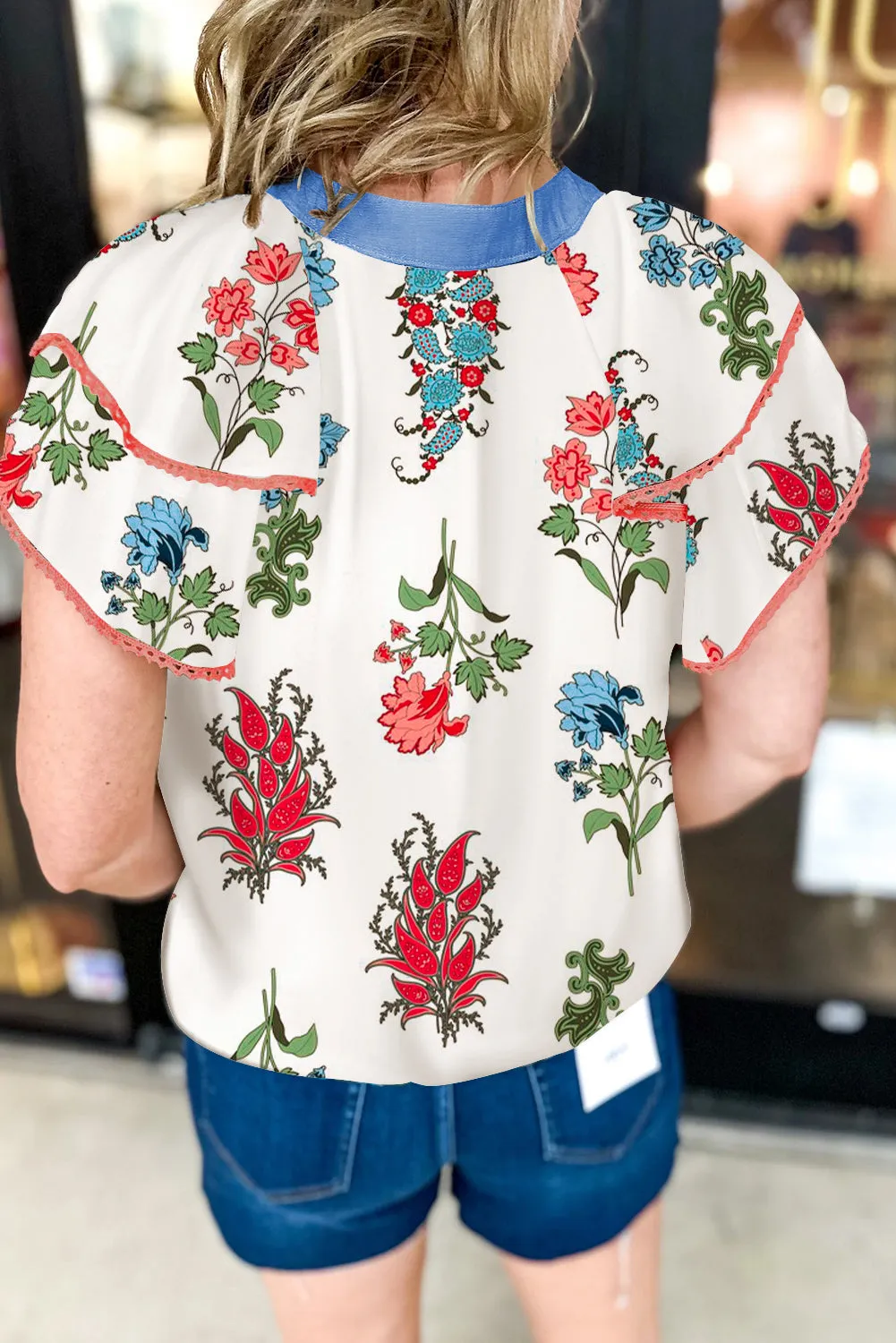 White Floral Print Contrast V Neck Tassel Tie Lace Detail Short Sleeve Blouse sold by Beagle Boutique product image thumbnail 2