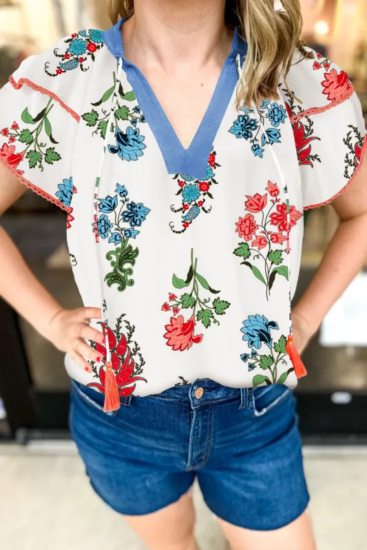 White Floral Print Contrast V Neck Tassel Tie Lace Detail Short Sleeve Blouse sold by Beagle Boutique