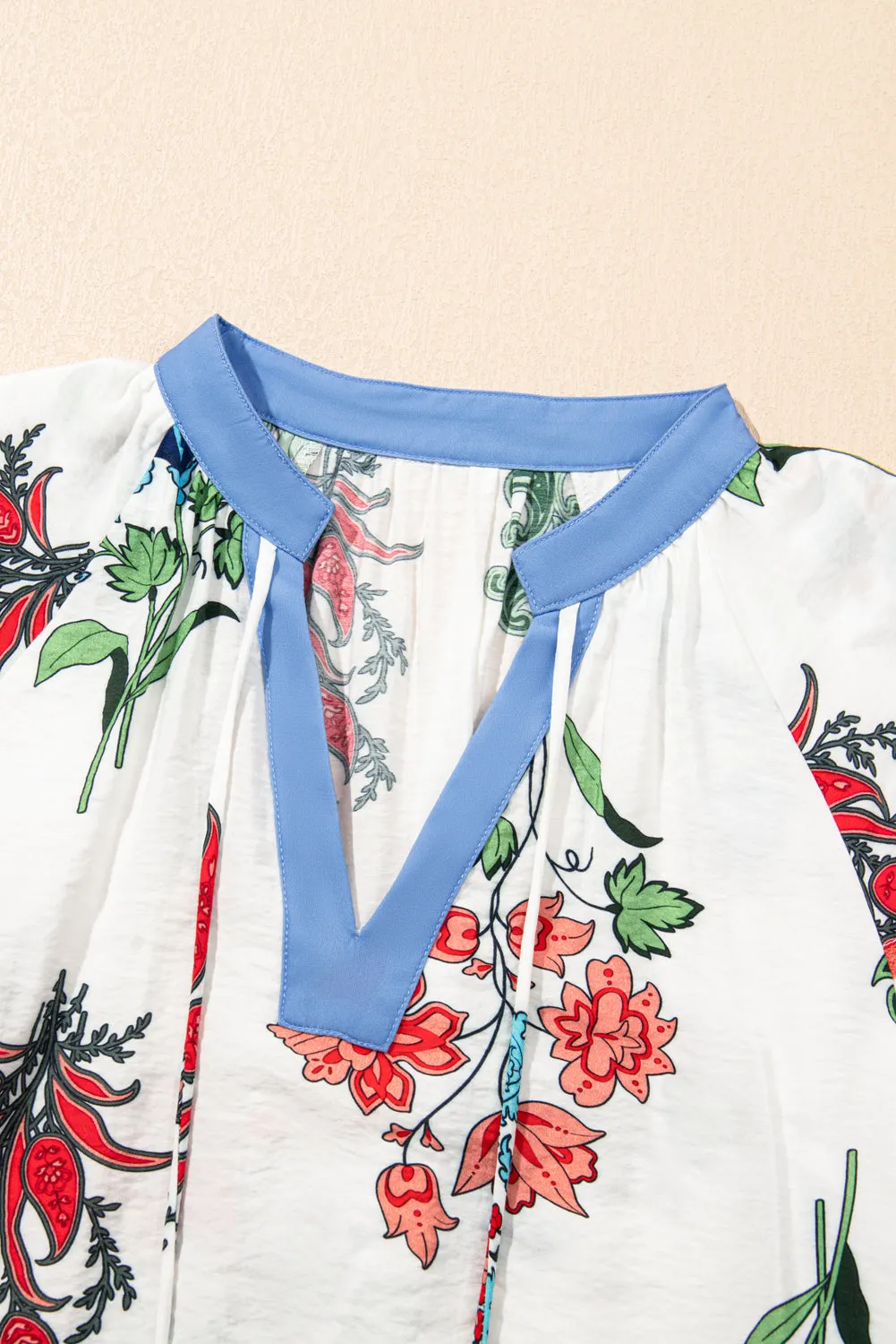 White Floral Print Contrast V Neck Tassel Tie Lace Detail Short Sleeve Blouse sold by Beagle Boutique product image thumbnail 5